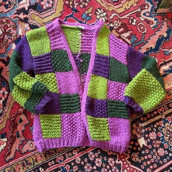 RARE Anthropologie FRNCH MAELIA - purple green knit Chunky Paris Cardigan S/M - Picture 14 of 14
